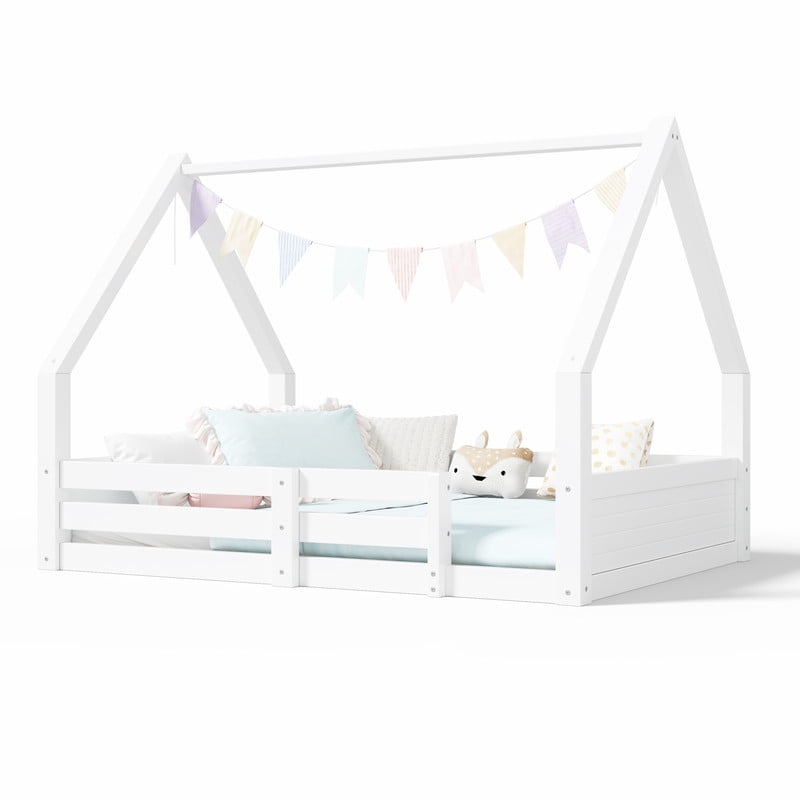 Euroco Wood Full Size Platform Bed, Low Profile House Floor Bed with Guardrails, White