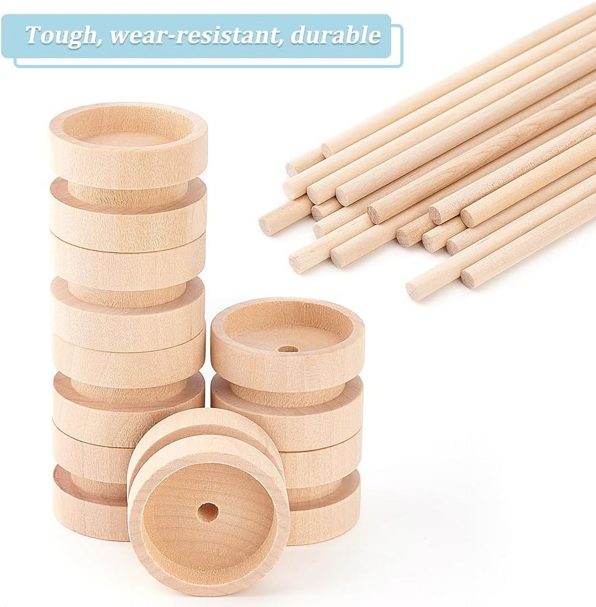 40Pcs 1.5x1 Inch Wooden Craft Wheels with 20Pcs 5.9 Inch Wooden Sticks Wood Vehicle Wheels Unfinshed Wooden Wheel Small Flat Round Wooden Wheels