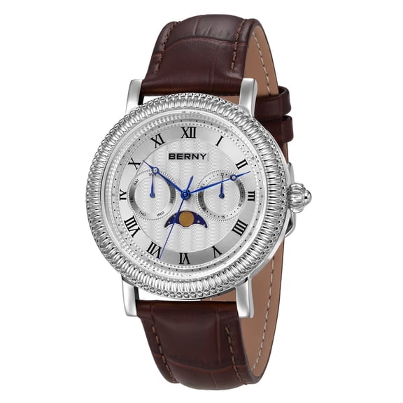 BERNY Mens Leather Watch, Vintage Roman Numerals Moon Phase Dress Watch with Day & Date, Stainless Steel, Sapphire Crystal, Waterproof, Fashion Luxury Analog Quartz Wrist Watches for Men (Silver)