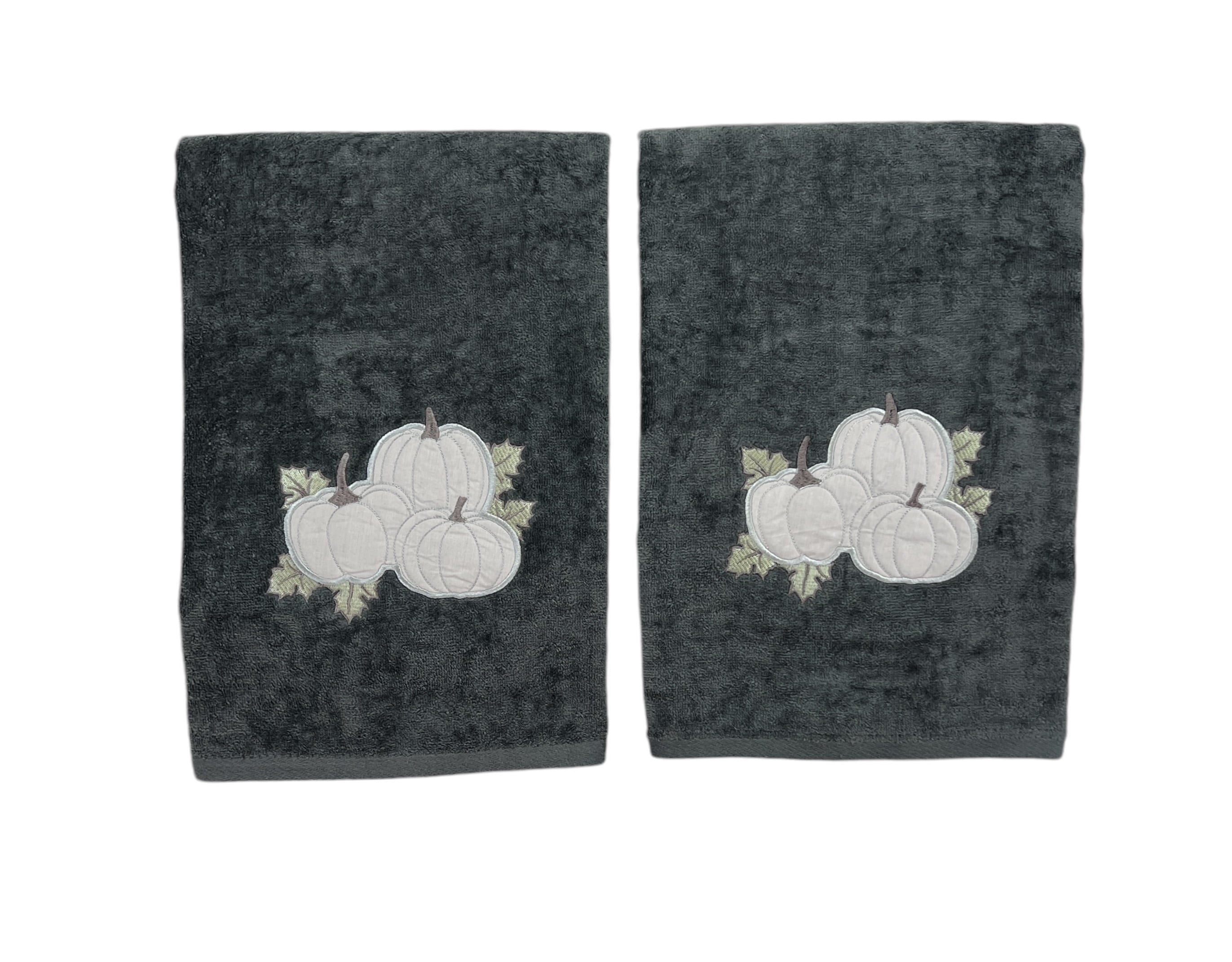 Serafina Home Luxury Holiday Fall Harvest Pumpkin Bath Towels, Embroidered Light Grey Pumpkins Leaves on Dark Gray Plush Velour Terry 100% Cotton, Set of 2, Measures 54" x 27"