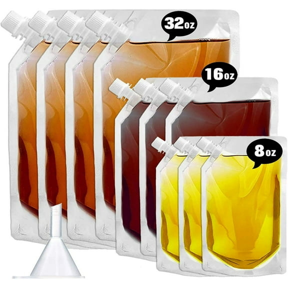 Cruise Liquor Flask Kit for Travel,Concealable and Reusable Rum Runner Alcohol Juice Travel Plastic Liquor Bags for Sneak Drink-4 x 32 oz   3 x 16 oz   3 x 8 oz   1 funnel