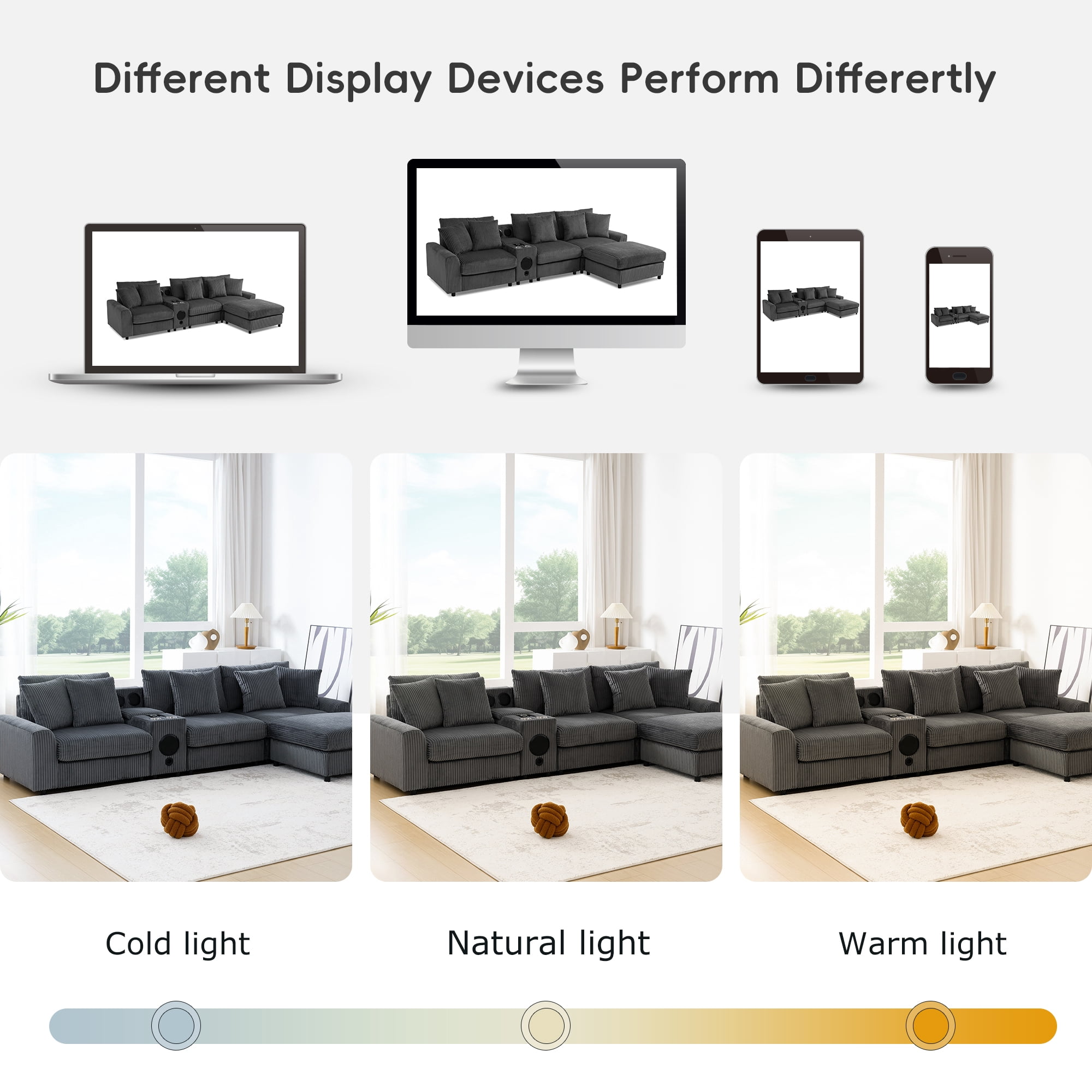 Sectional Sofa, Modular Sofa, L-Shape Couch, Corduroy Sofa with Console, Integrated Audio and Movable Ottoman, Dark Gray