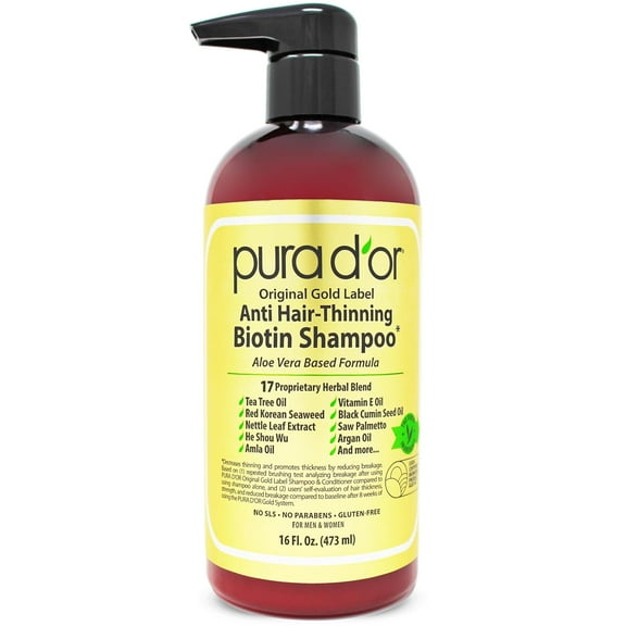 PURA D'OR Original Gold Label Anti Hair Thinning Biotin Thickening Daily Shampoo, Herbal, 16 fl oz