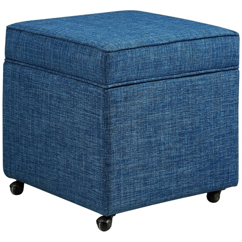 Posh Living Ruby Tufted Linen Fabric Cube Storage Ottoman with Casters in Blue - Walmart.com