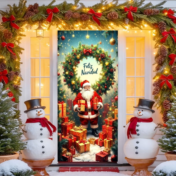 Seyotauo Merry Christmas Door Cover 72 x 35 Inch Xmas Tree Santa Snowman Fireplace Printed Door Hanging Cover Large Banner Background for Front Porch Outdoor Sign Holiday Party Decorations