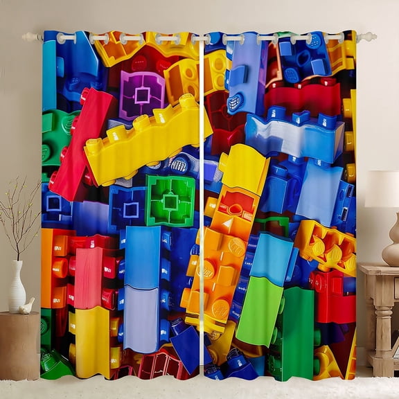 jejeloiu Rainbow Construction Brick Black Out Curtains,Funny Patchwork Geometric Curtains Pack of 2 (42x63 Each),Blue Yellow Toy Bedroom Curtains For Boys Kids,Microfiber Bedroom Decor