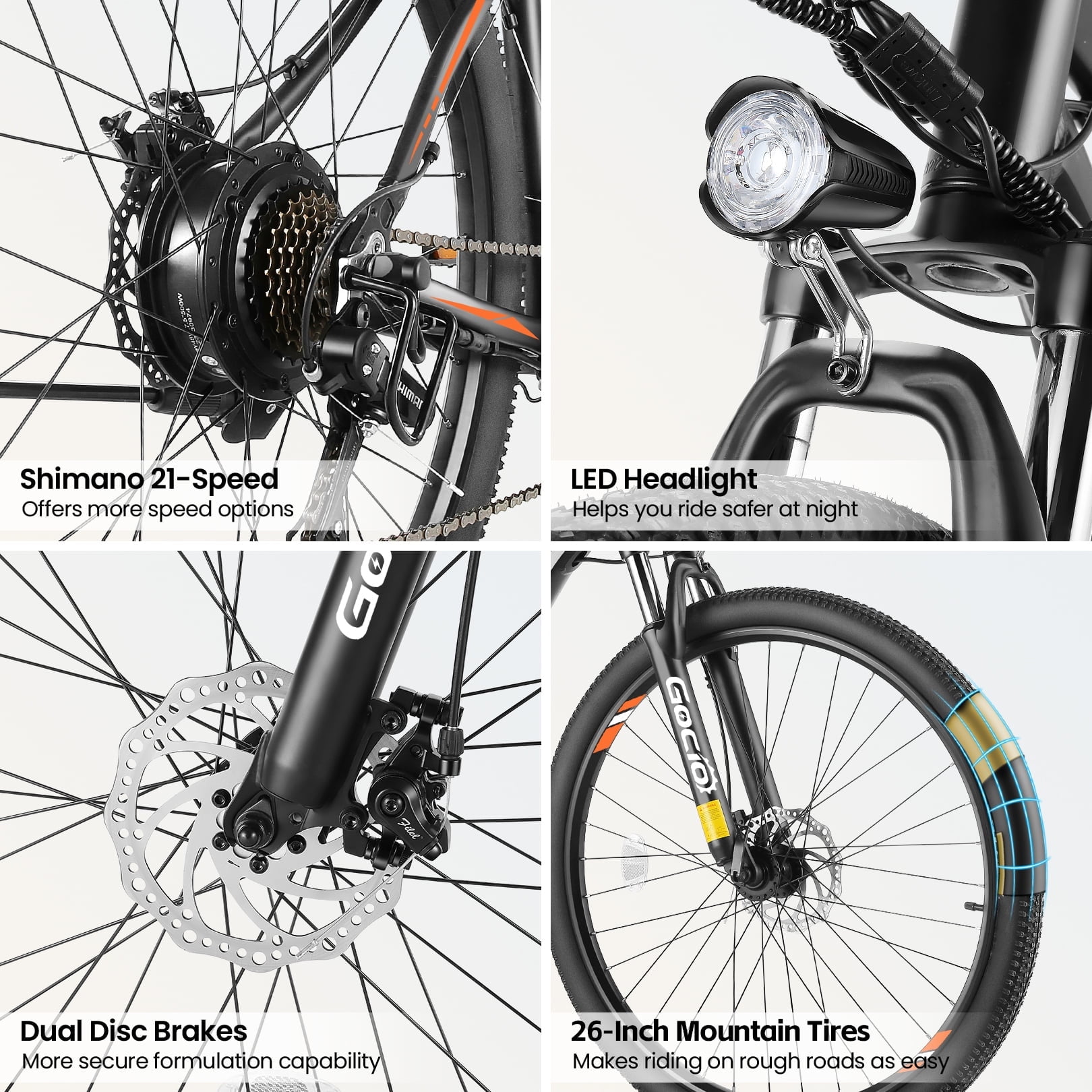 Gocio 26" Electric Bike, 350W Electric Bike for Adults 19.8MPH Electric Mountain Bike, LCD, Lockable Suspension Fork, 374.4Wh 36V Battery UL2849 Certified, 21-Speed E-Bikes Adult Electric Bicycle