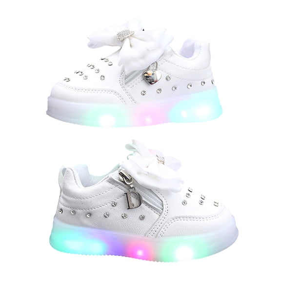 Light up Shoes for Girls Cute Bow Glitter Rhinestone Zipper Flat Walking Shoes Comfortable Nonslip Sneakers Casual Princess Dress Shoes White 11 Little Kid