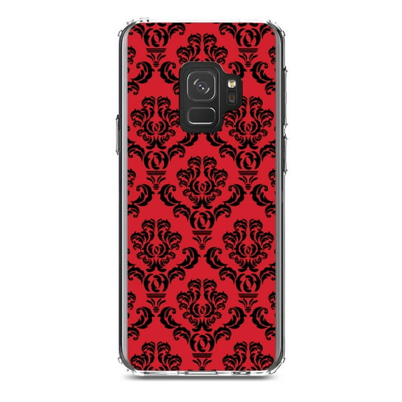 DistinctInk Clear Shockproof Hybrid Case for Samsung Galaxy S9 (5.8" Screen) - TPU Bumper, Acrylic Back, Tempered Glass Screen Protector - Red Black Damask Pattern - Floral Damask Pattern