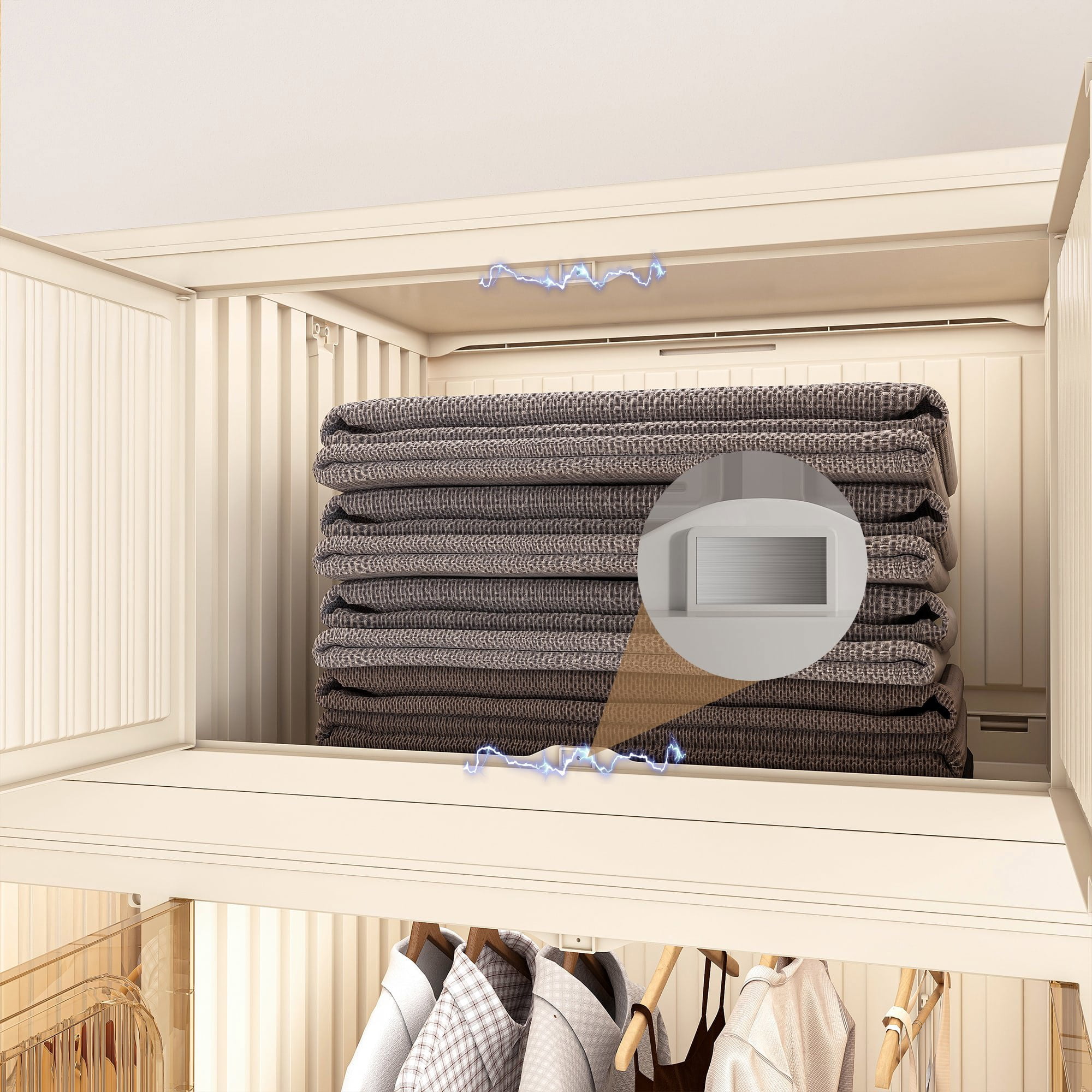 Resenkos Portable Wardrobe Closet Storage Organizer, Clothes Dresser with 12 Magnetic Doors (12 Cubes & 1 Hanging Rod) & 6 Hangers, Cream White