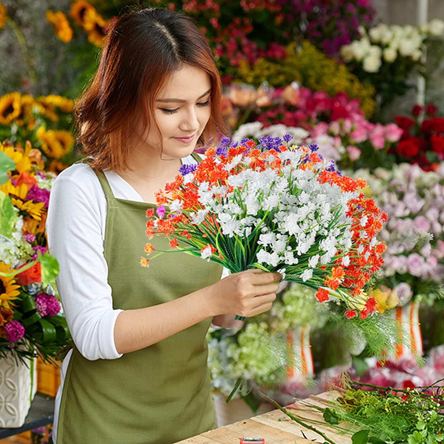 Morttic Artificial Flowers for Outdoors Plastic UV Resistant Faux Flowers Decoration Greenery Garden Shrubs，Bulk Fake Flowers in Vase (Mix Color 10pcs)