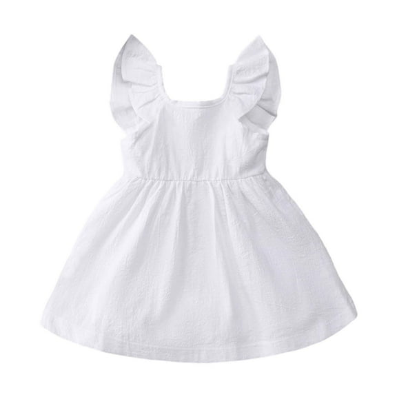 MEZZALL Girls Dresses O-Neck Flutter Sleeve Casual Summer Dress For Toddler Age 2-6 Elastic Waist Solid Color Comfortable For Daily Wear Sundress Fashionable / 6-7 Years