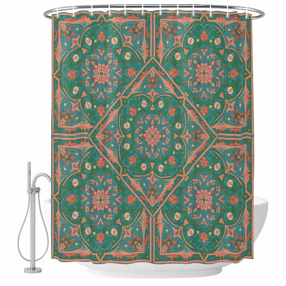 Moroccan Floral Pattern Shower Curtain Set with Hooks, Retro Green Pink Flower Bohemian Country Water Repellent Shower Curtains for Bathroom Decor Sturdy Shower Curtain, Machine Washable 36x72 Inch