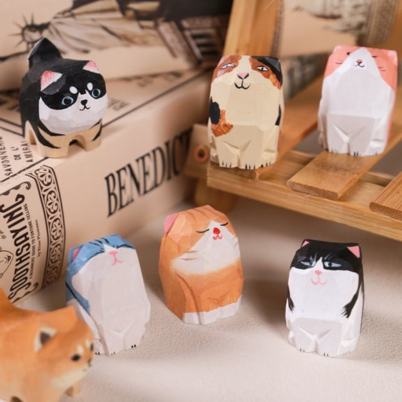 Dserhfy Wooden Carved Dog Cat Figurine Handmade Woodcarving Art Small Animal Statue Sculpture Home Office Desktop Decoration Ornament