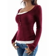 thumbnail image 3 of Lace Henley T-Shirts for Women Button Down Slim Fit Tops Long Sleeve V-Neck Tunic Top Blouse Wine Red S, 3 of 9
