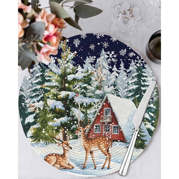 15 Inch Round Placemats Set of 4, Blue Christmas Non Slip Heat Insulation PP Table Mats, Xmas Winter Forest Tree Deer Snowflakes Washable Place Mats for Kitchen Dining Party Table Decor