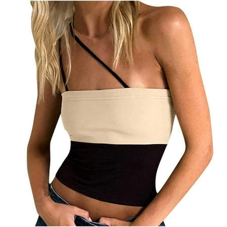 

CYMMPU Women Clothing Women s Slim Fit Crop Tops Sexy Bustier Sleeveless Cami Vest Round Neck Tank Summer Shirts Streetwear Cropped Tank Khaki