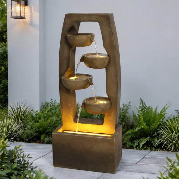 37.6" 4-Tier Modern Cascading Water Fountain with Warm LED Lights, Outdoor Floor-Standing Waterfall Fountain for Patio, Garden & Backyard Decor