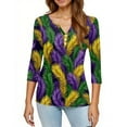 thumbnail image 4 of Mardi Gras Shirts Womens Glitter Carnival V Neck Tunic Tops Feathers Print 3/4 Sleeve Gold Tops Purple 2XL, 4 of 5