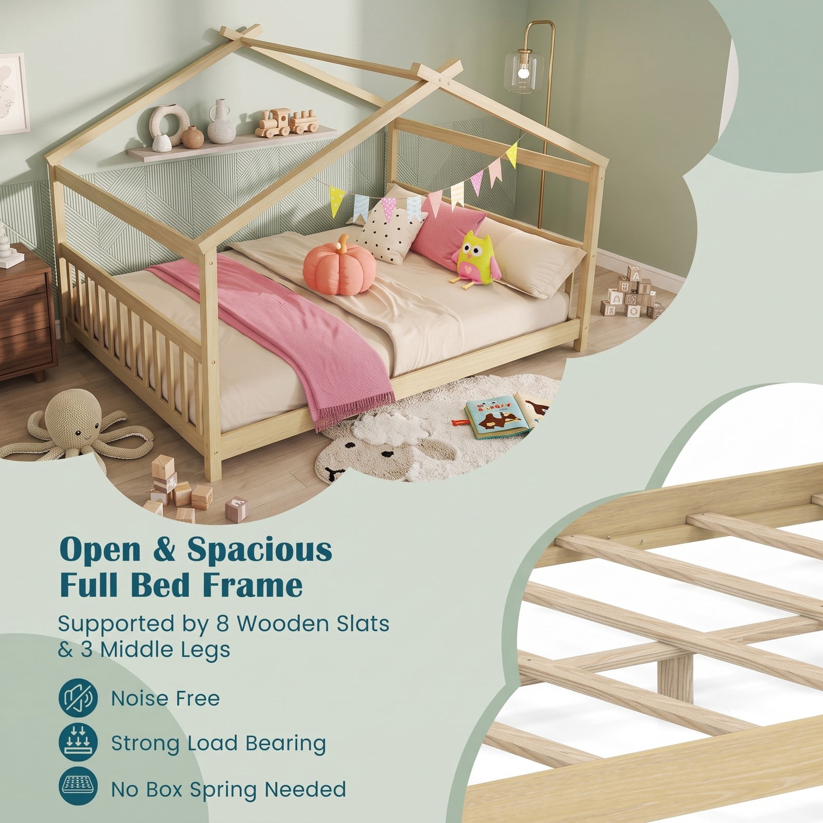Furnibear Full Size House Bed Montessori Floor Bed with Peaked Roof and Guardrails, Wood Slat Platform Floor Bed for Kids Room, Natural