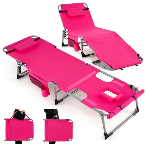 Gymax Outdoor Folding Chaise 5-Position Lounge Chair w/ Face Hole & Adjustable Footrest Pink