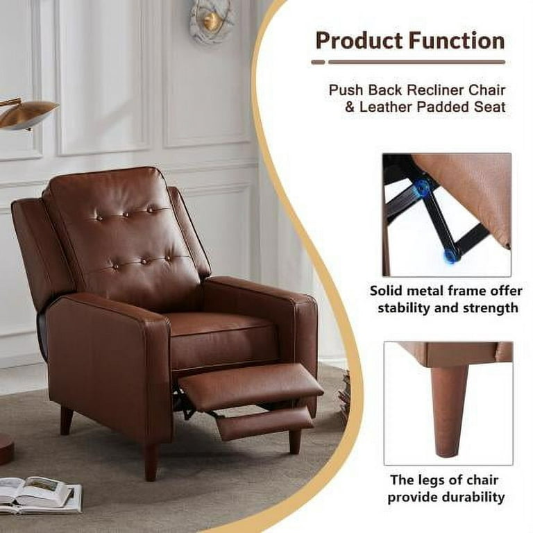 Push Back Recliner, PU Manual Armchair with Extending Footrest, Padded Seat  Cushions & Reclining Feature, Medieval Style Accent Chair for Living Room  Bedroom Home Office, Dark Brown 