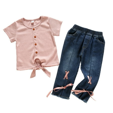 

Solid Color Girls Outfits Short Sleeve Solid Ribbed Top Patchwork Jeans Denim Pants 2PCS Children Kids Spring Summer Casual Cartoon Fashion Outwear Streetwear Sets