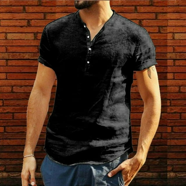 T-shirt d'Été à Manches Courtes pour Hommes, Ample, Col en V, en Lin