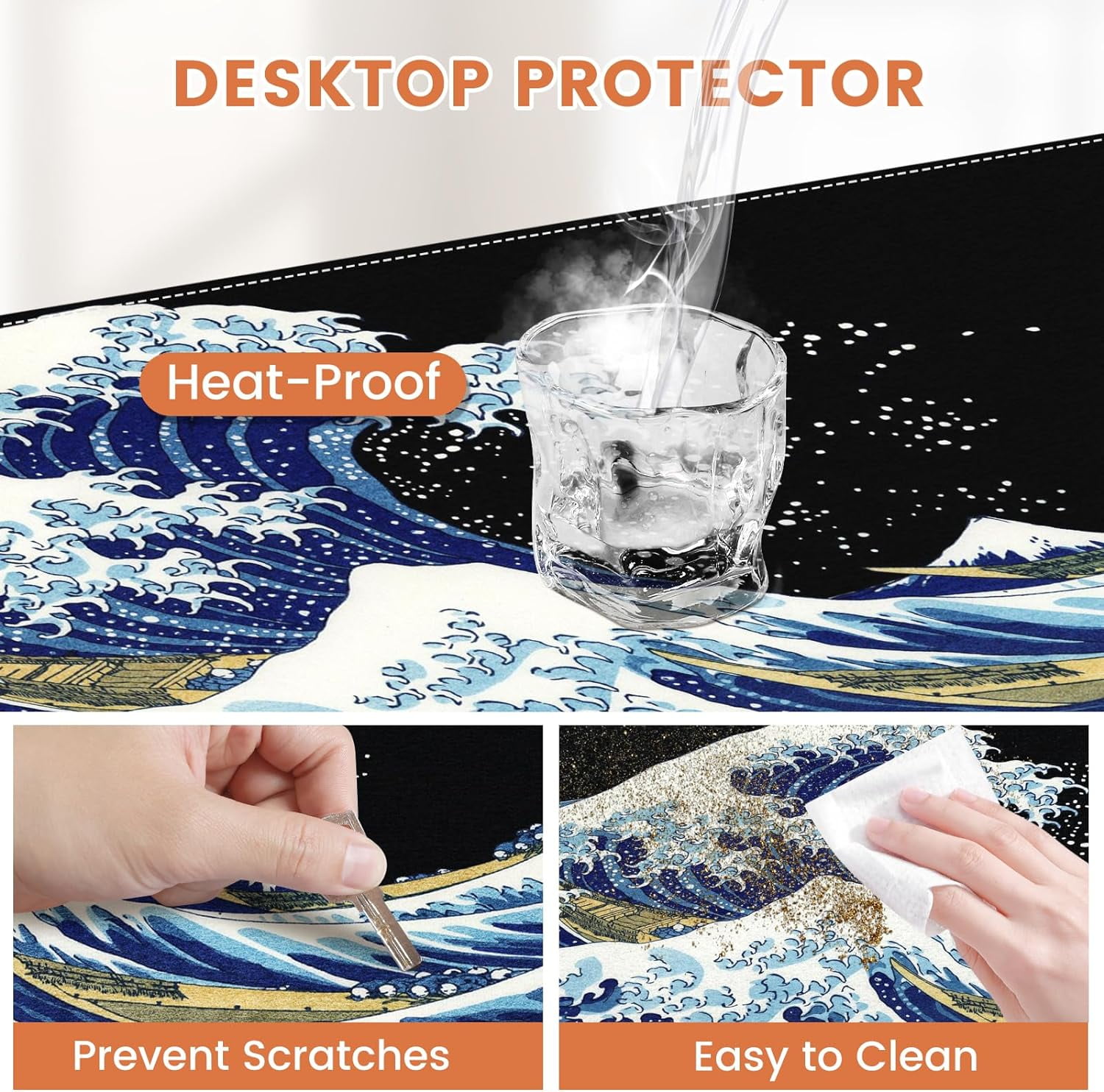 Felt Desk Mat, Japanese Sea Wave Large Mouse Pad, No Bad Smell Felt Mouse Pad with Stitched Edges, 3mm Thick 35.4x15.7 inch Felt Desk Pad Mat, Black Mouse Pad for Gaming Work, Blue