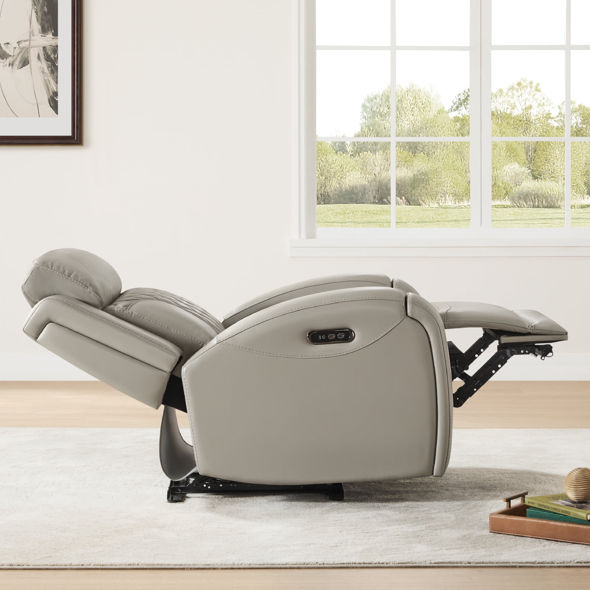 Spruce & Spring Leather Dual-Motor Lay Flat Recliner with Diamond Quilting, Light Gray