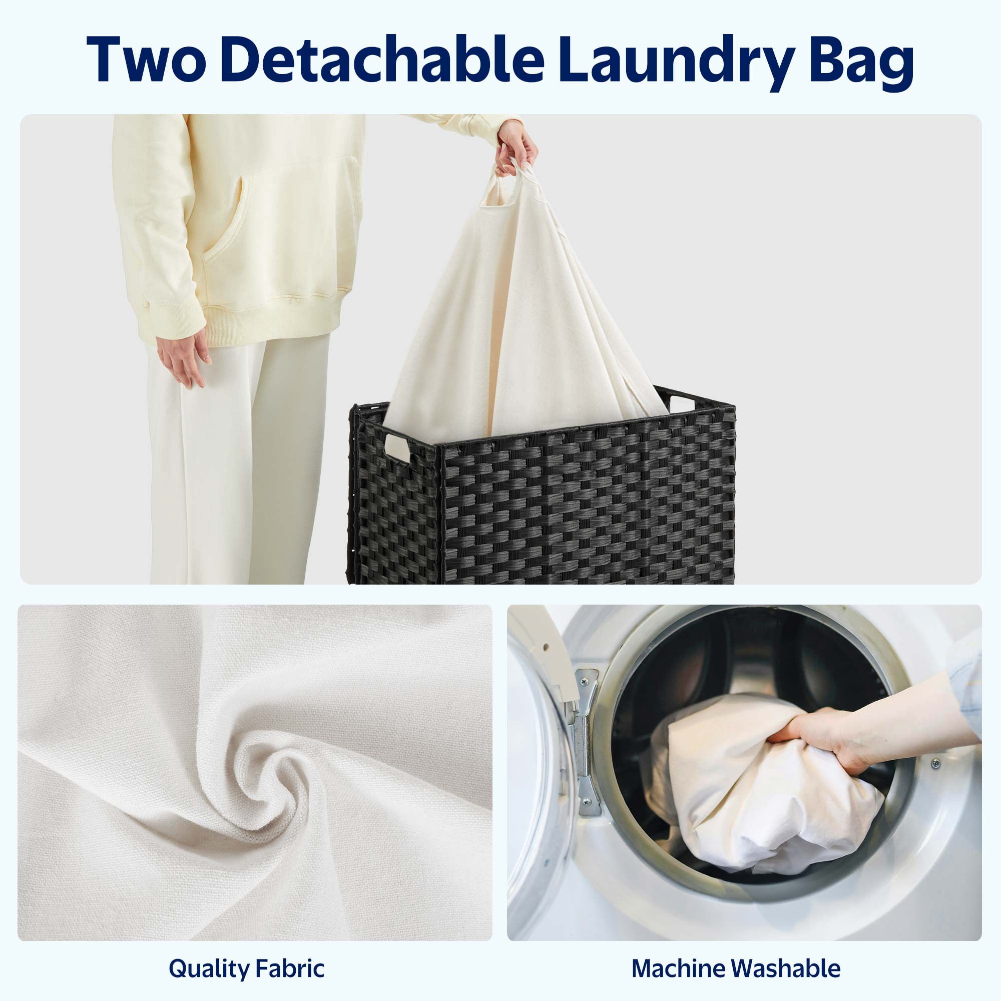 Rolanstar 110L Laundry Hamper Wicker Laundry Basket with Lid, Handles Clothes Hamper Foldable with 2 Removable Liner Bags, Black
