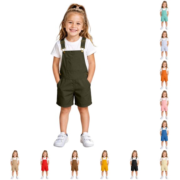 OSOLU Children Girls Shorts Solid Color Suspenders with Pockets Comfortable Everyday Wear Adjustable Straps Breathable Travel Beach Shorts