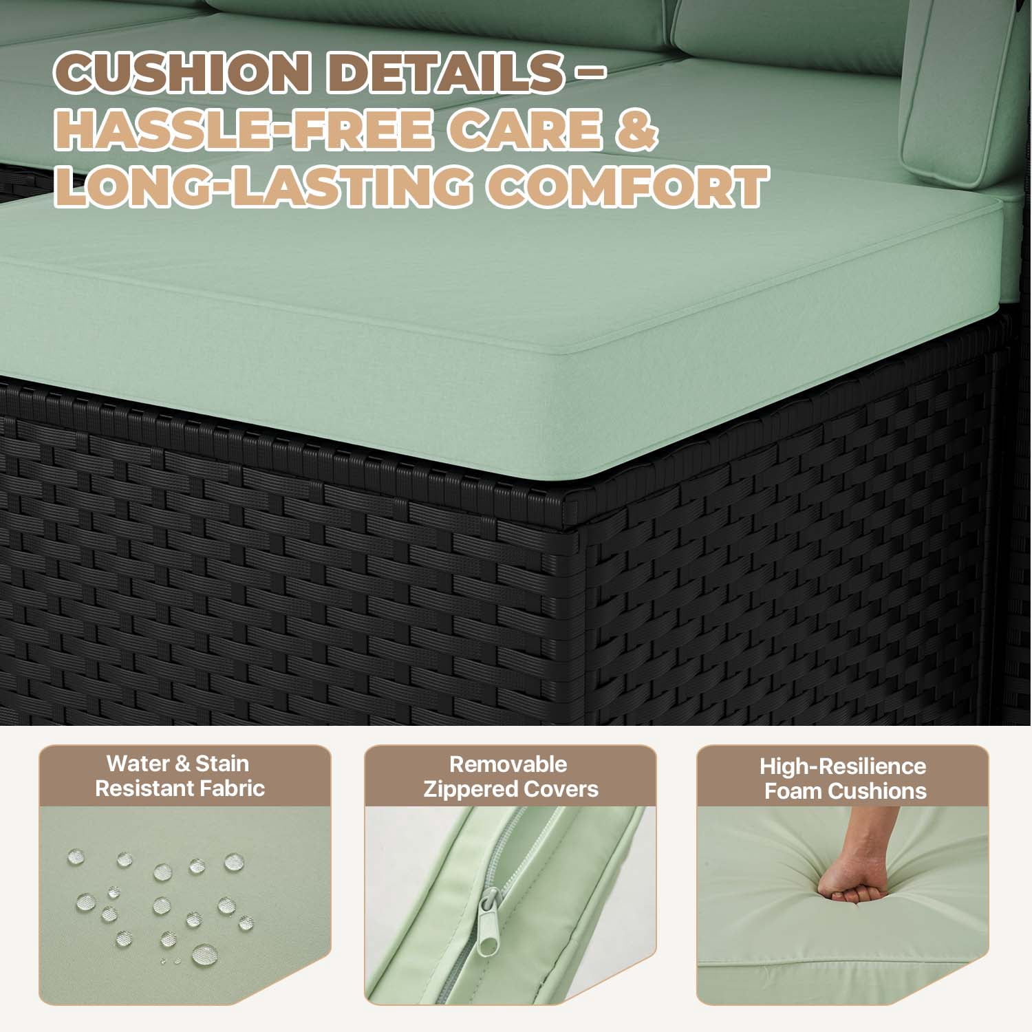 BaPiPro Modular Outdoor Wicker Patio Furniture Set with Tempered Glass Coffee Table & Removable All-Weather Cushions for Backyard, Poolside & Balcony Light Green