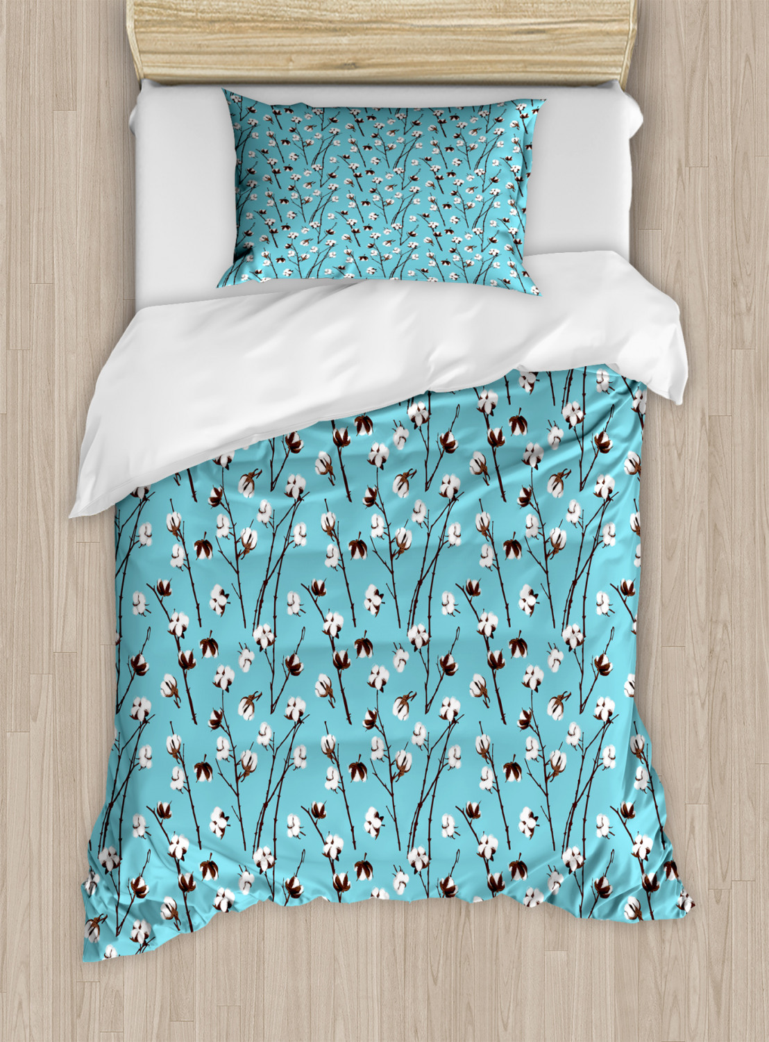 Summer Twin Size Duvet Cover Set, Blossoms of Cotton and Branches on a Blue Toned Backdrop