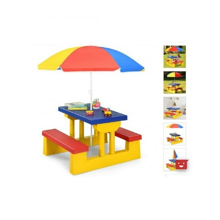 Yellow Children's 4 Seat Folding Picnic Table with Umbrella Kids Bench Seat