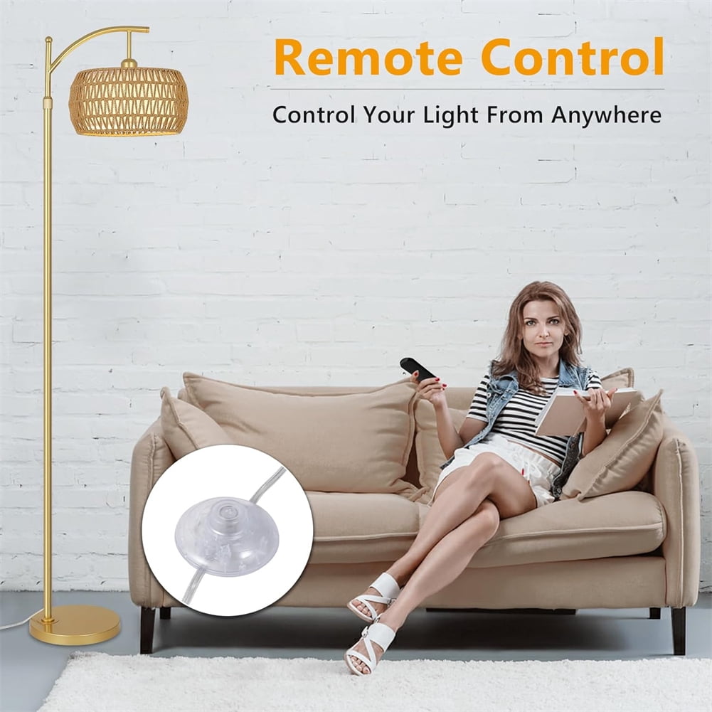 Yesfashion Rattan Floor Lamps For Living Room, Tall Standing Light With Remote Control, 3 Color Temperatures, ON/Off Foot Switch, Rattan & Fabric Shades For Office Bedroom
