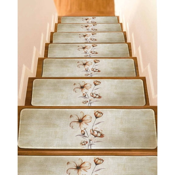 Brown Ombre Daisy Stair Treads for Wooden Steps Indoor Runner Rug Carpet, Farmhouse Vintage Floral Botanical 15 Pieces Peel and Stick Staircase Step Treads Covers Washable Throw Door Mats, 30"x8"