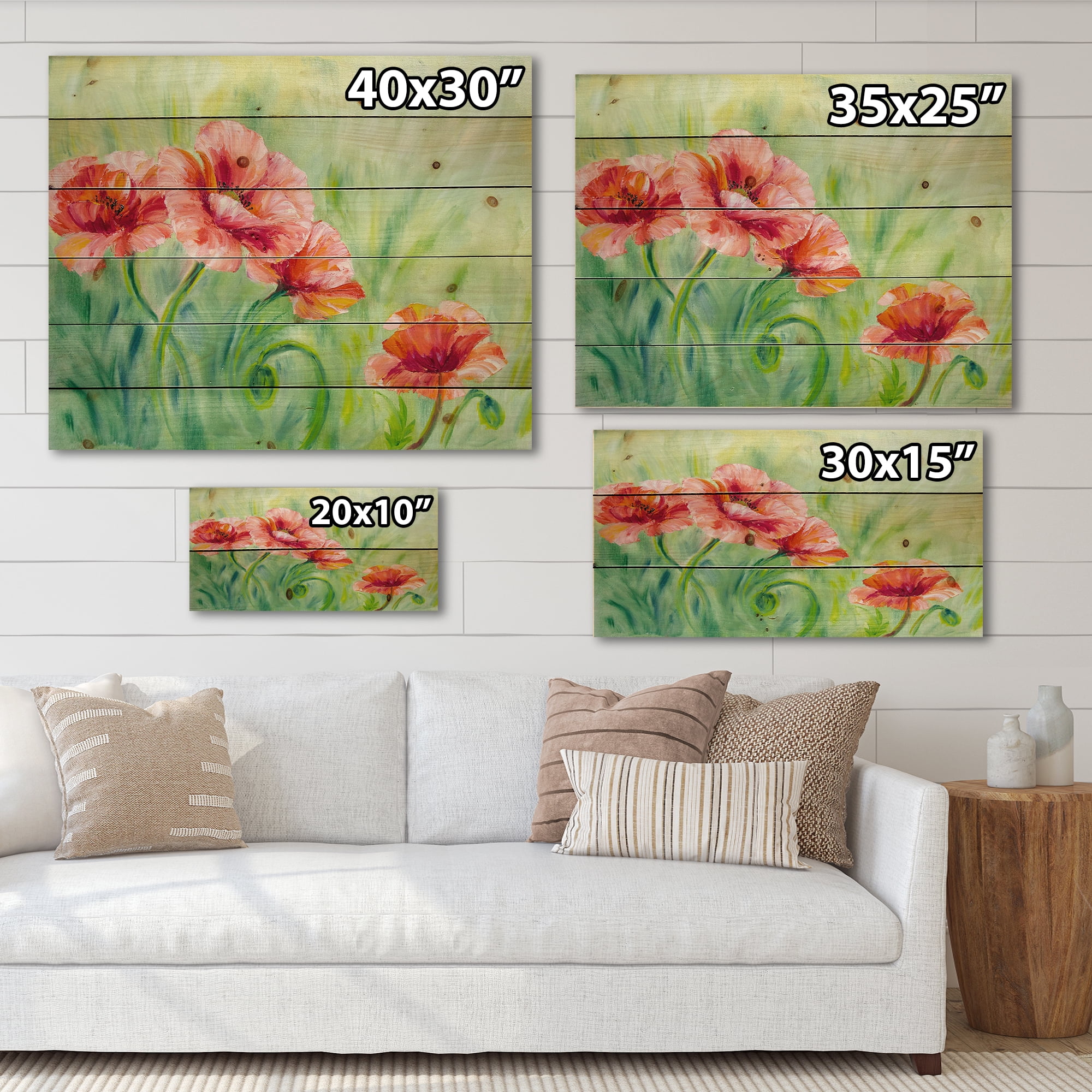 Designart 'Red Blossoming Poppies Over Wild Green II' Traditional Print on Natural Pine Wood