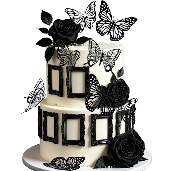 Gothic Vintage Frame & Butterfly Cake Decorations Set - Black Gothic Themed Party Decor