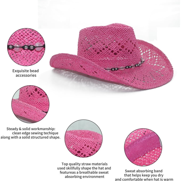 Straw Cowboy Cowgirl Hat for Women with Beaded Trim and 