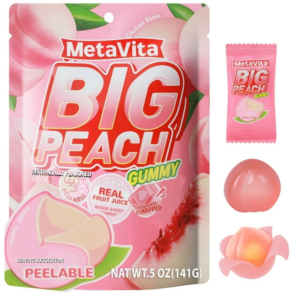 MetaVita 5oz- Big peach Gummy Candy – Individually Wrapped Peelable peach Gummies with Real Puree – Chewy Peach Flavor Treat for Kids and Adults