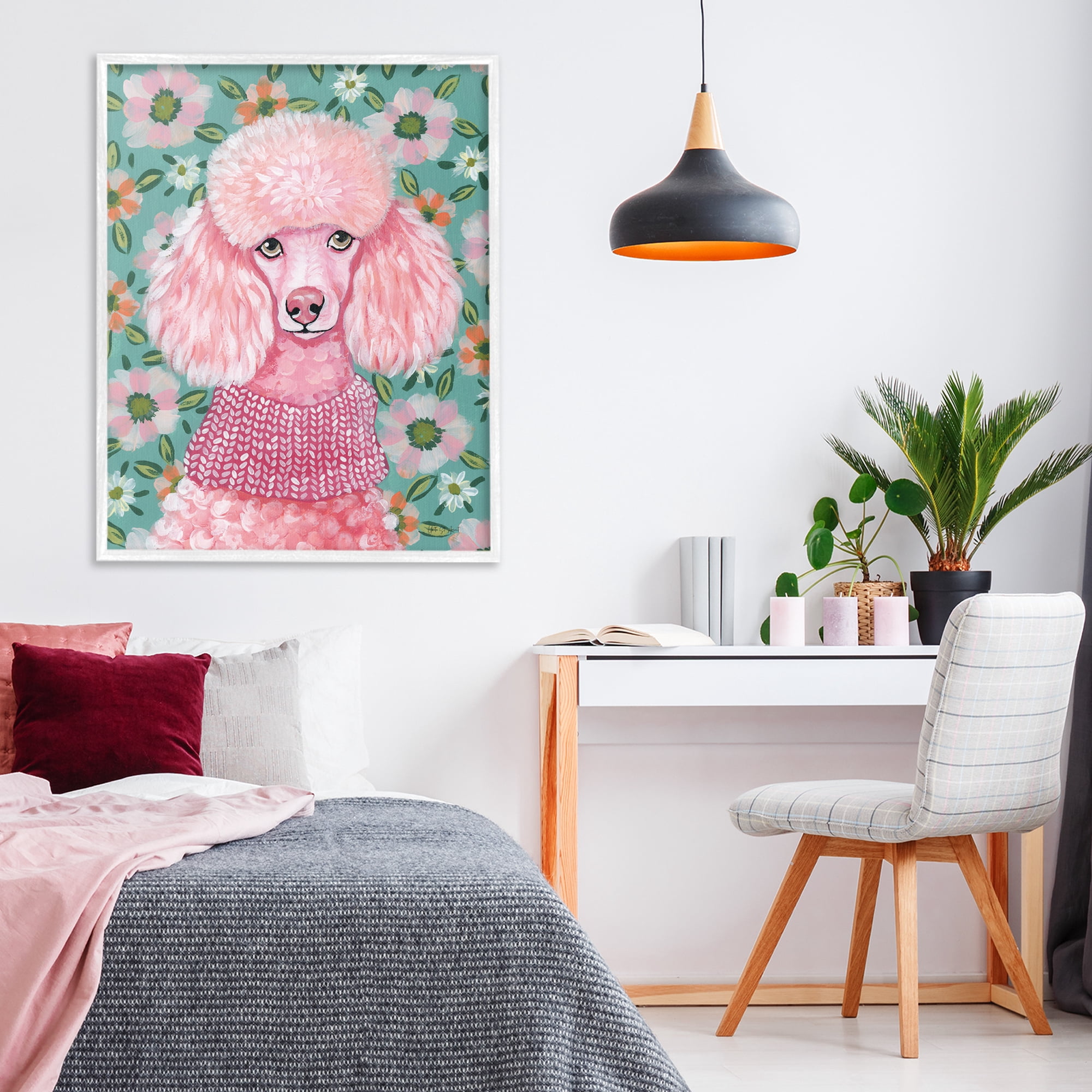 Stupell Industries Floral Poodle In Pink White Framed Giclee Art, design by Yvette St. Amant