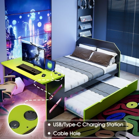 Mirightone Full Size Platform Bed with Desk, Charging Station & Trundle, Cool Green Gaming Style Teens Bed Frame, Space Saving Bed Frame for Teens Bedroom (Black+Green)