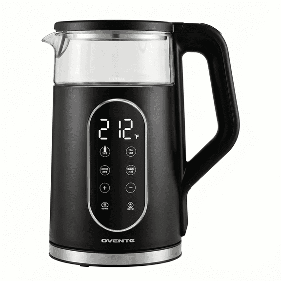 OVENTE 1.7L Electric Kettle with Digital Touchscreen, 1500W, Black KD96B | Fast-Boiling Water Heater, Double-Wall Cool-Touch, 5Hr Keep Warm, Auto Shut-Off, Boil-Dry Protection, Borosilicate Glass