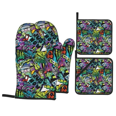 

Oven Mitts and Pot Holders 4 Piece Artistic Graffiti Instrument Notes High Heat Slip Resistant Oven Mitt and Trivets Set Kitchen Oven Glove Pot Holders for Cooking Baking Grilling