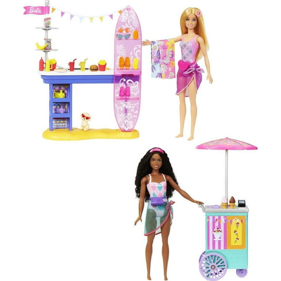 Barbie Beach Boardwalk Playset with Barbie “Brooklyn” & “Malibu” Dolls, 2 Stands & 30+ Accessories, Ages 3+