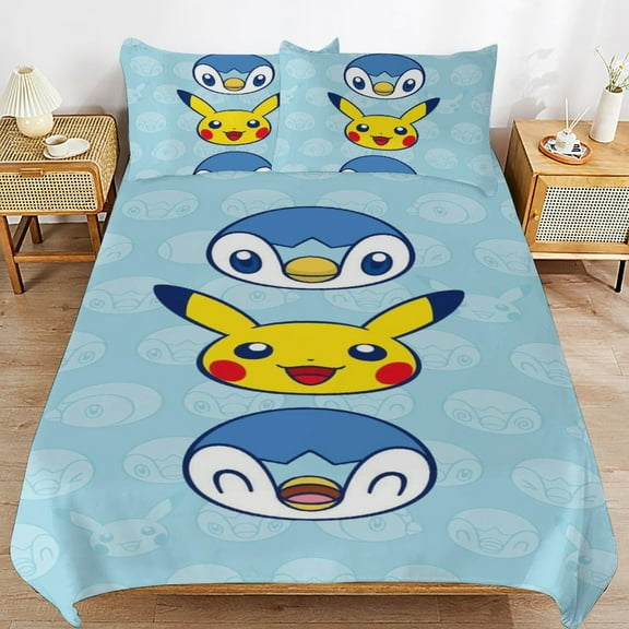 Piplup Duvet Cover Bedding Set Cartoon Print Soft Quilt Cover 3 Pieces, 1 Comforter Cover & 2 Pillowcases for Kids Teens Boys Girls Room Decor 86"x70"
