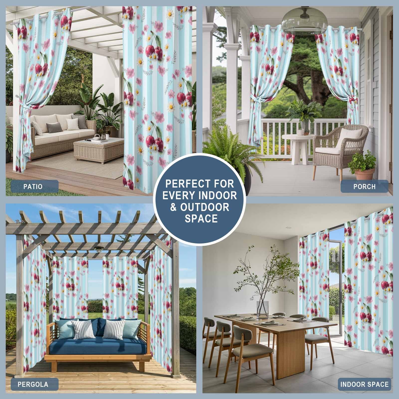 Red Cherry Outdoor Curtains for Patio, Country Farmhouse Pink Flower Leaf Blue Stripe Sunshade Privacy Drapes Grommet Waterproof Outside Curtains for Porch/Cabana/Balcony 54"x 108", 1 Panel
