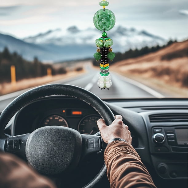 Decoración del espejo retrovisor colgante del coche | Adorno colgante para el interior del automóvil verde | Artesanía de tejido tejido a mano | Símbolo de entrada segura | Plástico | 9,84 x 1,57 x
