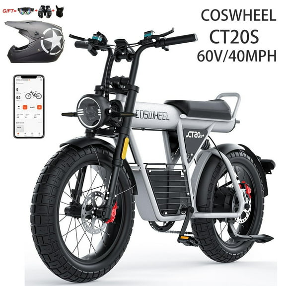 COSWHEEL CT20s 60V 27.5AH Removable Battery,2000W Motor Electric Bike for Adults,Up to 40MPH & 100 Miles Long Range Electric Motorcycle for Adults, 20" Fat Tire Ebike with APP Control